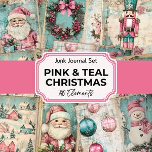 Pink & Teal Christmas Junk Journal, Christmas Scrapbook Papers, Junk Journal Christmas Printable Pages, Junk Journal Pages, Digital Download