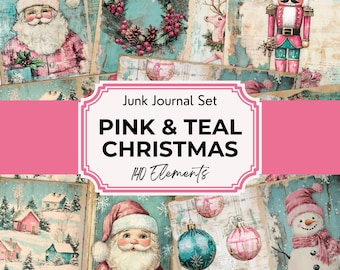 Pink & Teal Christmas Junk Journal, Christmas Scrapbook Papers, Junk Journal Christmas Printable Pages, Junk Journal Pages, Digital Download