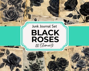 Black Roses Junk Journal, Black Flowers Scrapbook Papers, Junk Journal Roses Printable Pages, Junk Journal Pages, Digital Download