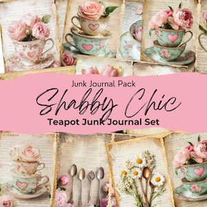 Shabby Chic Floral Teapot Junk Journal Kit, Tea Journal Printable Pages, Floral Ephemera, Vintage Teapot Pages Digital Download - JPEG Files