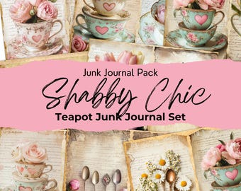 Shabby Chic Floral Teapot Junk Journal Kit, Tea Journal Printable Pages, Floral Ephemera, Vintage Teapot Pages Digital Download - JPEG Files