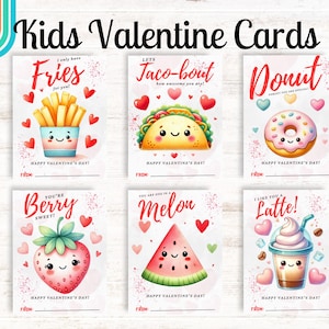 Cartões fofos de dia dos namorados kawaii, cartões fofos de comida para impressão para o dia dos namorados para crianças, cartões de comida para o dia dos namorados em sala de aula, download instantâneo