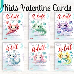 Axolotl Valentinstagskarten für Kinder, druckbare Alotl Geschenkanhänger für Studenten, Valentinstagskarten für Klassenzimmer, süße Axolotl Valentinstagskarten