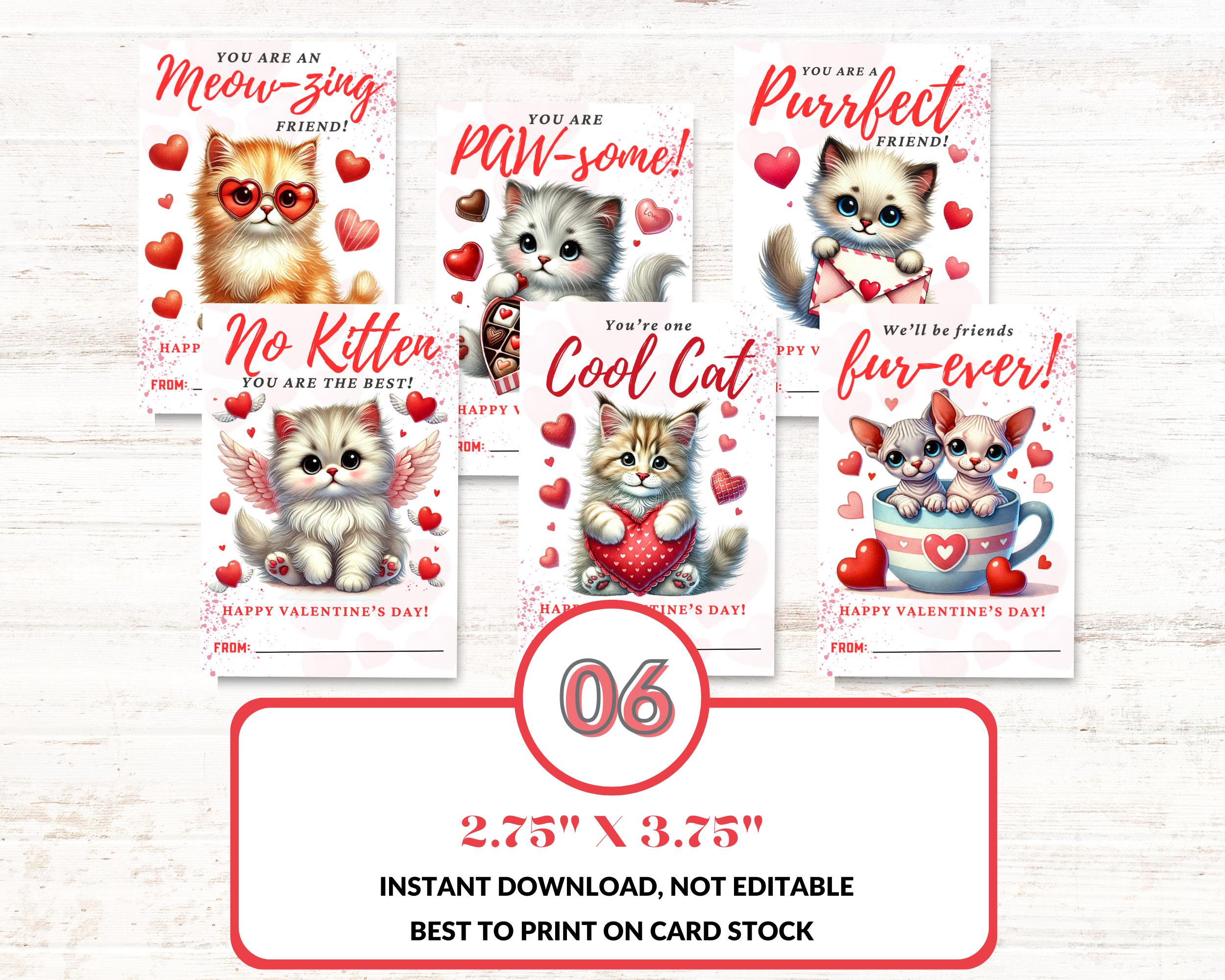 Printable Cat Valentine's Day Cards, Classroom Valentine's Day Cards ...