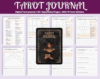 Cyfrowy dziennik Tarota, cyfrowy planer Tarota, codzienne czytanie kart, rozkłady Tarota, cyfrowe naklejki Tarot Witch 78
