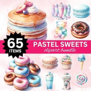 Watercolor Pastel Sweets Clipart, Rainbow Sweet treats, PNG Macarons Cupcakes Ice cream Gummy Bears Cakes Cotton Candy Dessert Lollipop