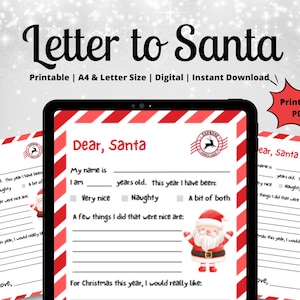 Kinder Brief an Santa Weihnachtsmann, Brief an Santa druckbar, Brief Weihnachten, druckbar Brief an Weihnachtsmann, Weihnachten druckbar Download PDF