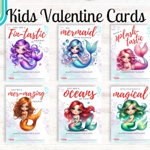 Cartes imprimables de Saint-Valentin sirène, cartes de Saint-Valentin de classe pour les enfants, cartes de sirène mignonnes de Saint-Valentin, étiquettes-cadeaux de Saint-Valentin