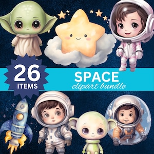 Space Watercolor Clipart for Nursery Decor, Cute Astronaut & Planets PNG, Rocket Illustrations for Kids Art Prints, Watercolor Space Clipart
