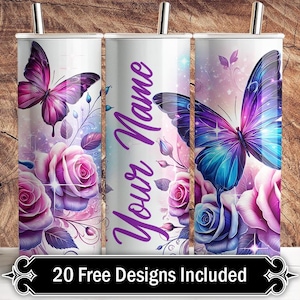 Butterfly Floral Personalized 20oz Skinny Tumbler Wrap with Add Text Option, Sublimation PNG Designs for Download (20 FREE Designs Included)