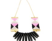 Designer statement necklace - Adorn - Handmade, woven seed beads, howlite spikes, gold chain (pink, white and black). Aztec tribal pattern.