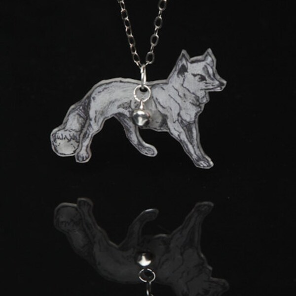 Wiley Wolf, Statement Hand Drawn Wolf Illustration Pendant and Tiny Bell on a Silver Chain (Shrink plastic/OOAK)