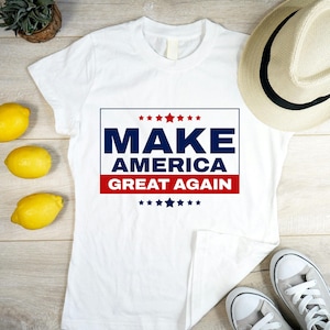 アメリカを再び偉大にしよう白シャツ、トランプ支持者Tシャツ、共和党Tシャツ、トランプ大統領選挙シャツ、愛国的な贈り物、トランプシャツ