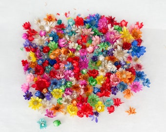 May include: A large collection of dried flowers in various colours, including pink, purple, blue, yellow, orange, and red. The flowers are arranged in a circular pattern on a white background.