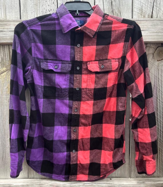 Custom Tie Dye Flannel Shirt: Red Purple Split, Handmade Grunge