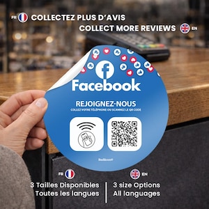 Puede incluir: Una pegatina azul de Facebook con texto blanco y el logotipo de Facebook. La pegatina incluye un código QR y un gráfico de un teléfono con una señal. El texto de la pegatina dice "Recopila más reseñas" y "Únete a nosotros".