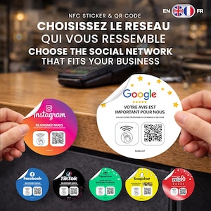 Peut inclure: Image de stickers NFC et codes QR pour les réseaux sociaux, dont Instagram, Google, Facebook, TikTok, Tripadvisor, Snapchat et Yelp. Les autocollants sont à décoller et présentent le logo de la plateforme et un appel à l'action.