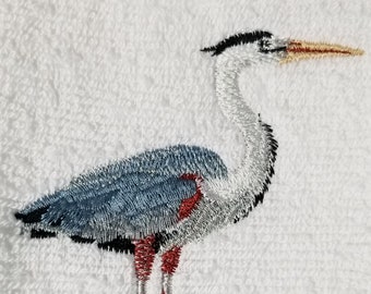 Heron Towel - Bird Towel -  Embroidered Towel- Hand Towel - Fingertip Towel-Kitchen Towel