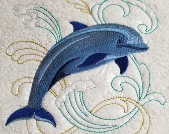 Embroidered Dolphin Towel - Dolphin Under the Sea Square  - Hand Towel - Bath Towel - Apron - Fingertip Towel-Kitchen Towel