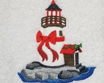 Embroidered Light House Towel -Christmas  Towel - Embroidered Hand Towel - Embroidered Bath Towel / Embroidered Apron-Kitchen Towel