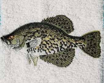 釣り用タオル - 刺繍入りタオル - 魚柄タオル - クラッピー柄 - ハンドタオル - バスタオル - エプロン・キッチンタオル
