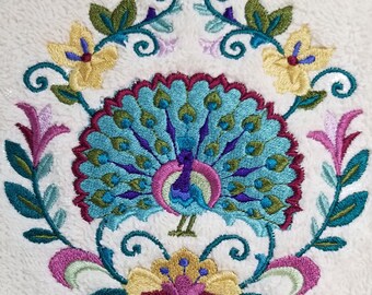 Peacock Towel - Embroidered Towel - Peacock - Hand Towel - Embroidered Bath Towel - Apron- Fingertip Towel-Kitchen Towel