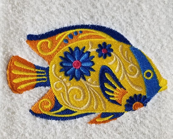 Embroidered Fish Towel Flower Power Tropical Fish embroidered Hand