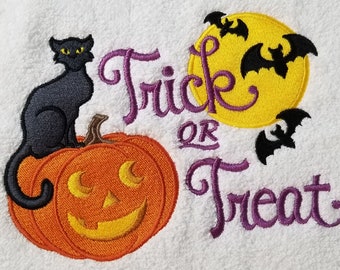 Trick or Treat Towel - Halloween Towel - Cat Towel - Embroidered Towel - Hand Towel - Bath Towel -Apron - Fingertip Towel-Kitchen Towel