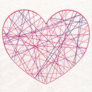 May include: A red heart shape outlined in red thread with a criss-cross pattern of red and blue thread inside.