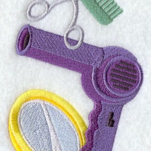 May include: A purple hair dryer, a pair of silver scissors, a green comb, and a yellow hand mirror with a white center.