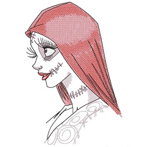 May include: A line drawing of a woman with red hair, wearing a red hooded dress. Her face has stitches and she has a stitched-up neck. The drawing is in a cartoon style.