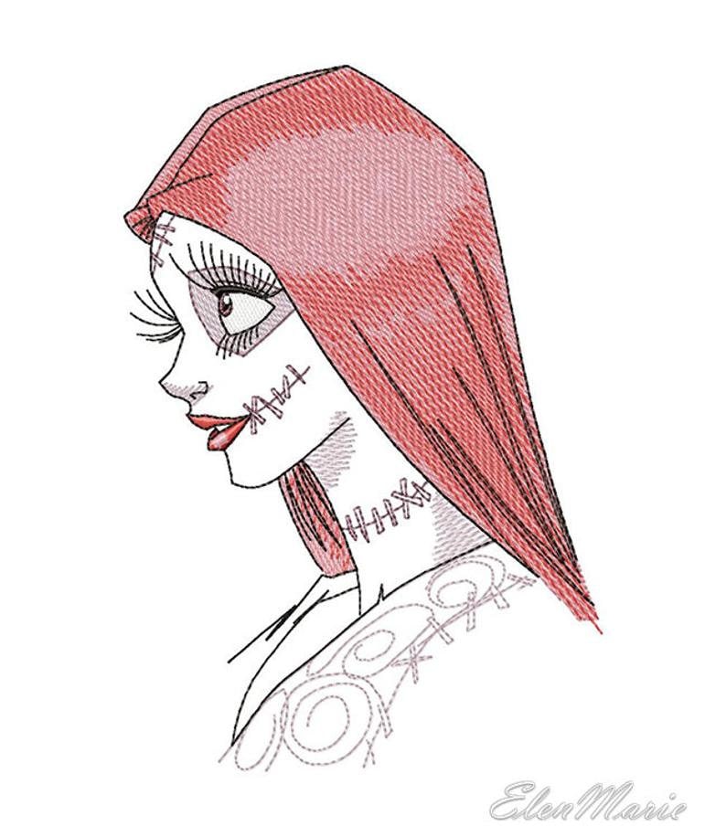 May include: A line drawing of a woman with red hair, wearing a red hooded dress. Her face has stitches and she has a stitched-up neck. The drawing is in a cartoon style.