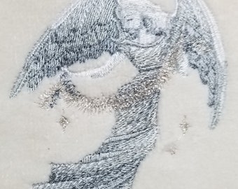 Embroidered Christmas Angel Towel – Sparkling Silver Metallic Thread Design