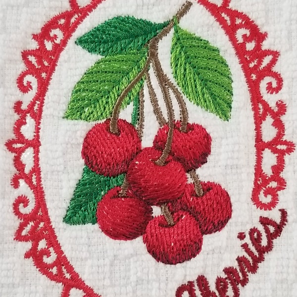 Cherries Towel - Cherry Towel - Embroidered Towel - Vintage Towel  - Hand Towel - Bath Towel - Apron - Fingertip Towel-Kitchen Towel