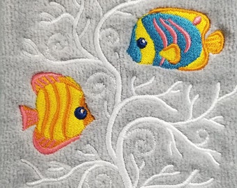 Embroidered Tropical FishTowel - Tropical Fish and Coral 2  - Hand Towel - Bath Towel - Apron-Kitchen Towel