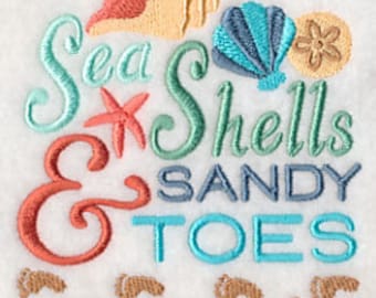 Embroidered Seashells Towel - Sea Shells and Sandy Toes  - Hand Towel - Bath Towel - Apron -  Fingertip Towel-Kitchen Towel