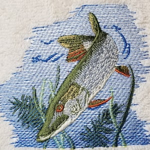 Fishing Towel - Embroidered Towel - Fish Towel- Northern Pike  - Hand Towel - Bath Towel - Apron-Kitchen Towel