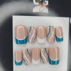 teal white french press on nails