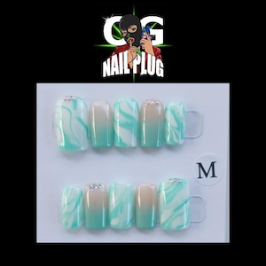 teal marble ombre press on nails