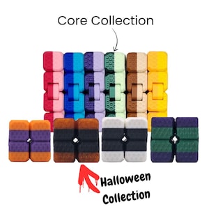 May include: A collection of multi-coloured, articulated fidget blocks with textured surfaces. The top row is labelled Core Collection, while the bottom row is labelled Halloween Collection. The blocks feature various colour combinations including pink, blue, purple, green, brown, yellow, orange, black, and white.