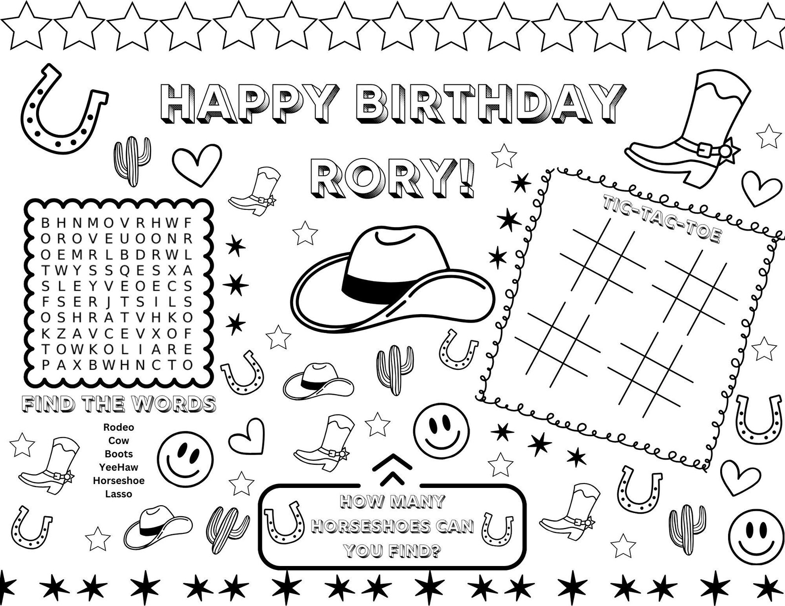 Editable Rodeo Activity & Coloring Page, Birthday Party Placemat ...