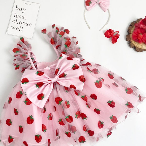 FLUFFY BABY DRESS | Red Flower Strawberry Sequin Baby Dresses | Baby Birthday Outfit | Gift For Baby Girls | Fruit Print Elegant Baby Dress