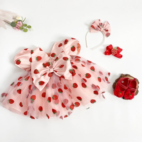 FLUFFY BABY DRESS | Red Flower Strawberry Sequin Baby Dresses | Baby Birthday Outfit | Gift For Baby Girls | Fruit Print Elegant Baby Dress