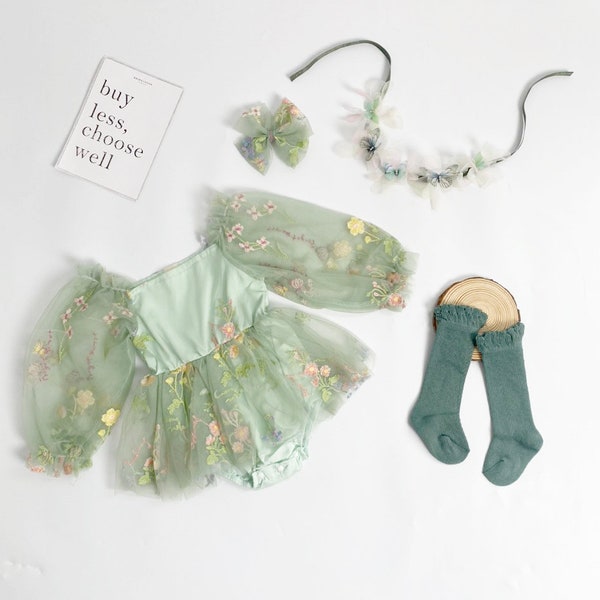 Sage Green-The ORIGINAL Enchanted Rose Fairy Floral Spring Embroidered Tulle Romper, Flower Girl Romper Tutu Party Dress, First Birthday