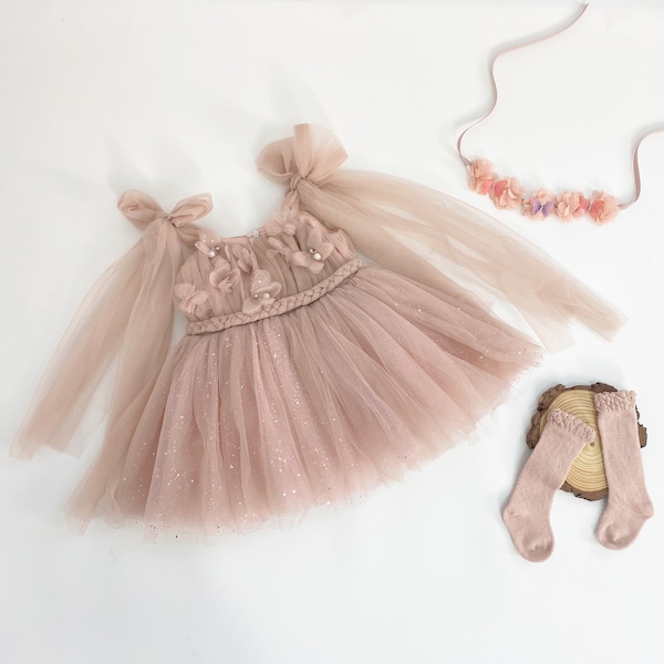 Blush Flower girl dress, birthday party dress, ,Baby toddler dress, tulle tutu flower girl dress, mauve flower sash dress