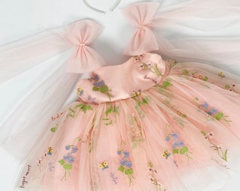 Pink - Das ORIGINAL Verzauberte Rosen Fee Blumen Frühling Besticktes Tüll Kleid, Blumenmädchen Strampler Tutu Party Kleid, Erster Geburtstag