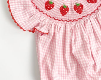 Birthday Strawberry Romper Bubble, Smocked Romper, Berry First Birthday, Sweet One Romper, Strawberry Theme, Pink Gingham, Summer Outfit