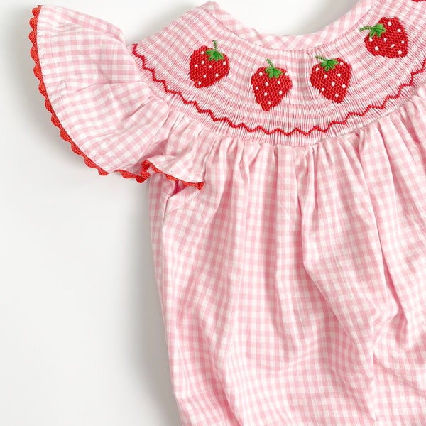 Birthday Strawberry Romper Bubble, Smocked Romper, Berry First Birthday, Sweet One Romper, Strawberry Theme, Pink Gingham, Summer Outfit