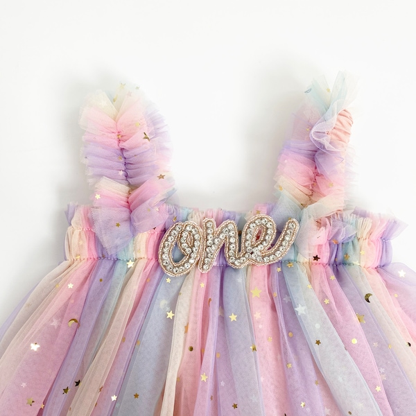 One Pastel Rainbow Tutu Tulle Dress Baby,first birthday tutu dress, cake smash dress,baby dress with stars,1st birthday outfit,rainbow dress
