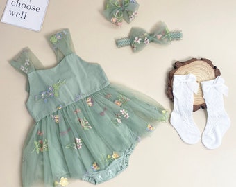 Sage Green -The ORIGINAL Enchanted Rose Fairy Floral Spring Embroidered Tulle Romper, Flower Girl Romper Tutu Party Dress, First Birthday